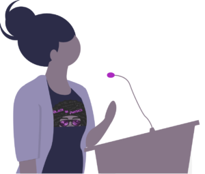 Illustration of a Black Female Scientist giving speech with BIP logo on shirt