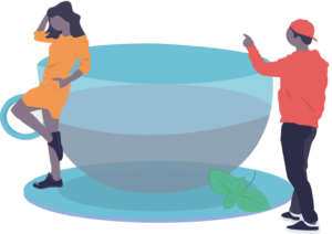 Illustration of a giant tea cup with a black woman leaning against it and a black man pointing towards it.