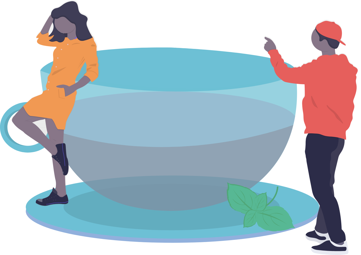 Illustration of a giant tea cup with a black woman leaning against it and a black man pointing towards it.