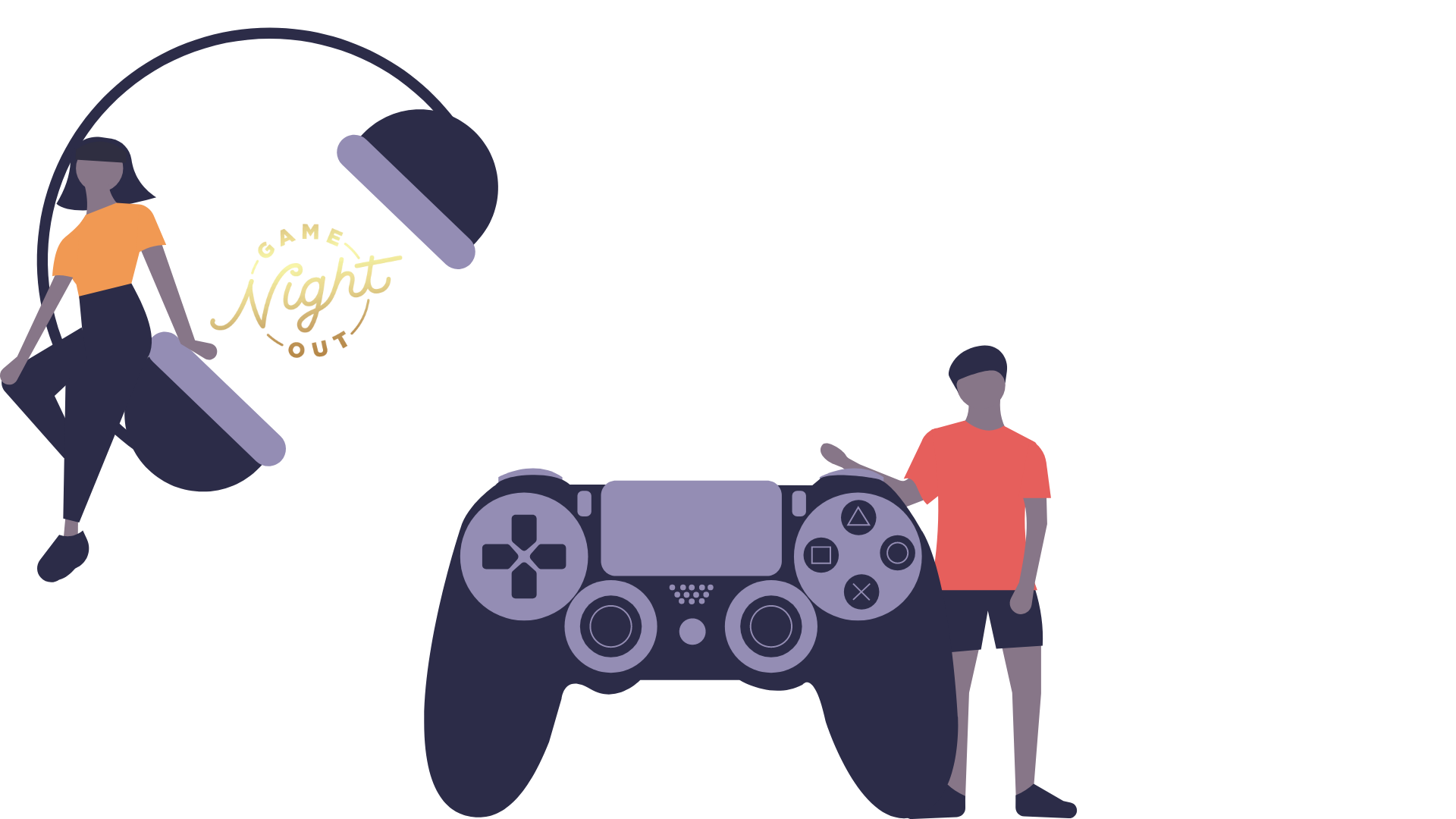 Illustration of a black woman sitting on headphones and a black man standing beside a playstation game controller