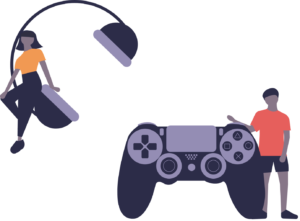 Illustration of a black woman sitting on headphones and a black man standing beside a playstation game controller