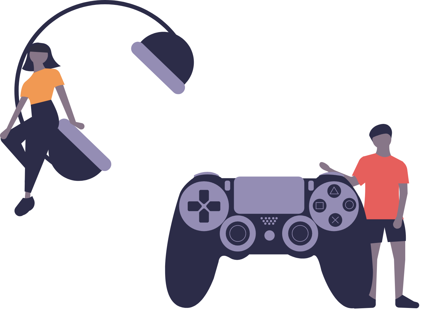 Illustration of a black woman sitting on headphones and a black man standing beside a playstation game controller