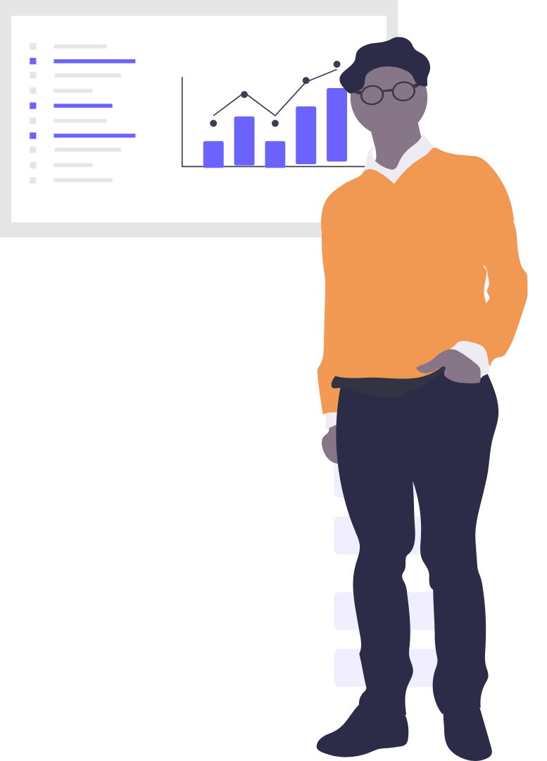 Illustration of a black man in glasses and a yellow sweater standing next to a poster with a list and graph