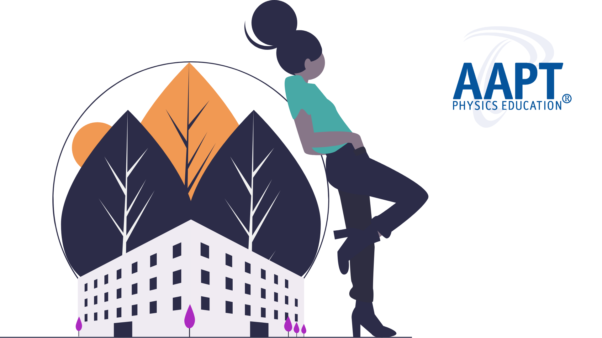 Illustration of a black woman leaning against a building with trees coming out of top